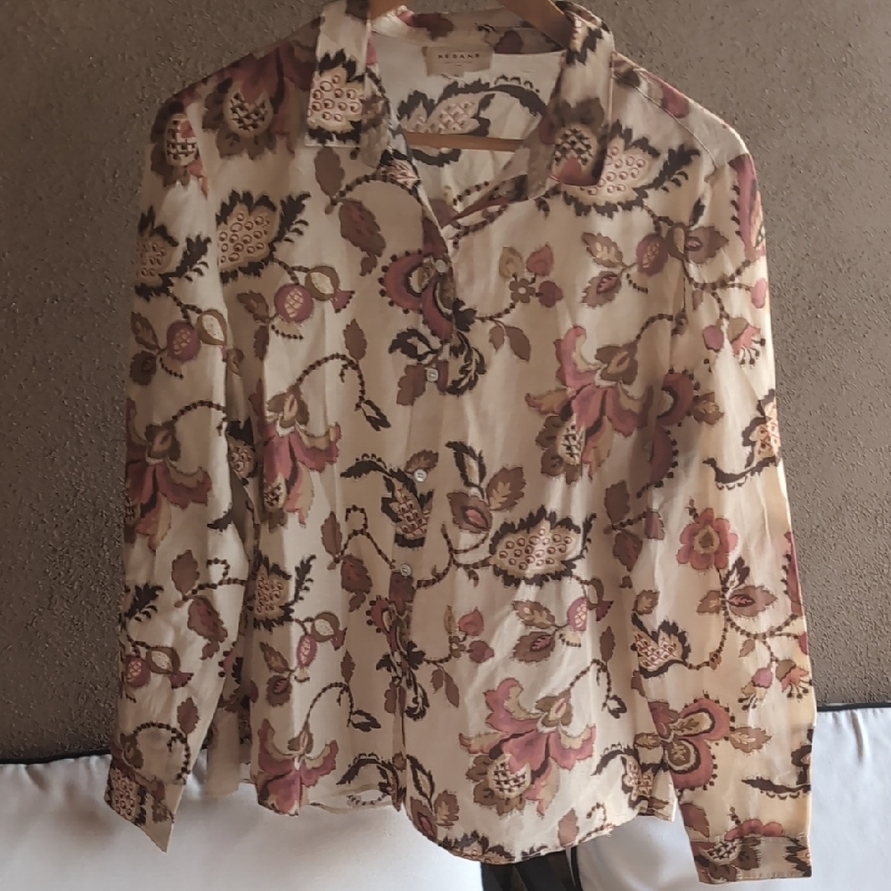 NWOT SEZANE PIERRO SHIRT Merveille Print Silk Cotton Pink Brown 42 (US 10-10) - Picture 4 of 10